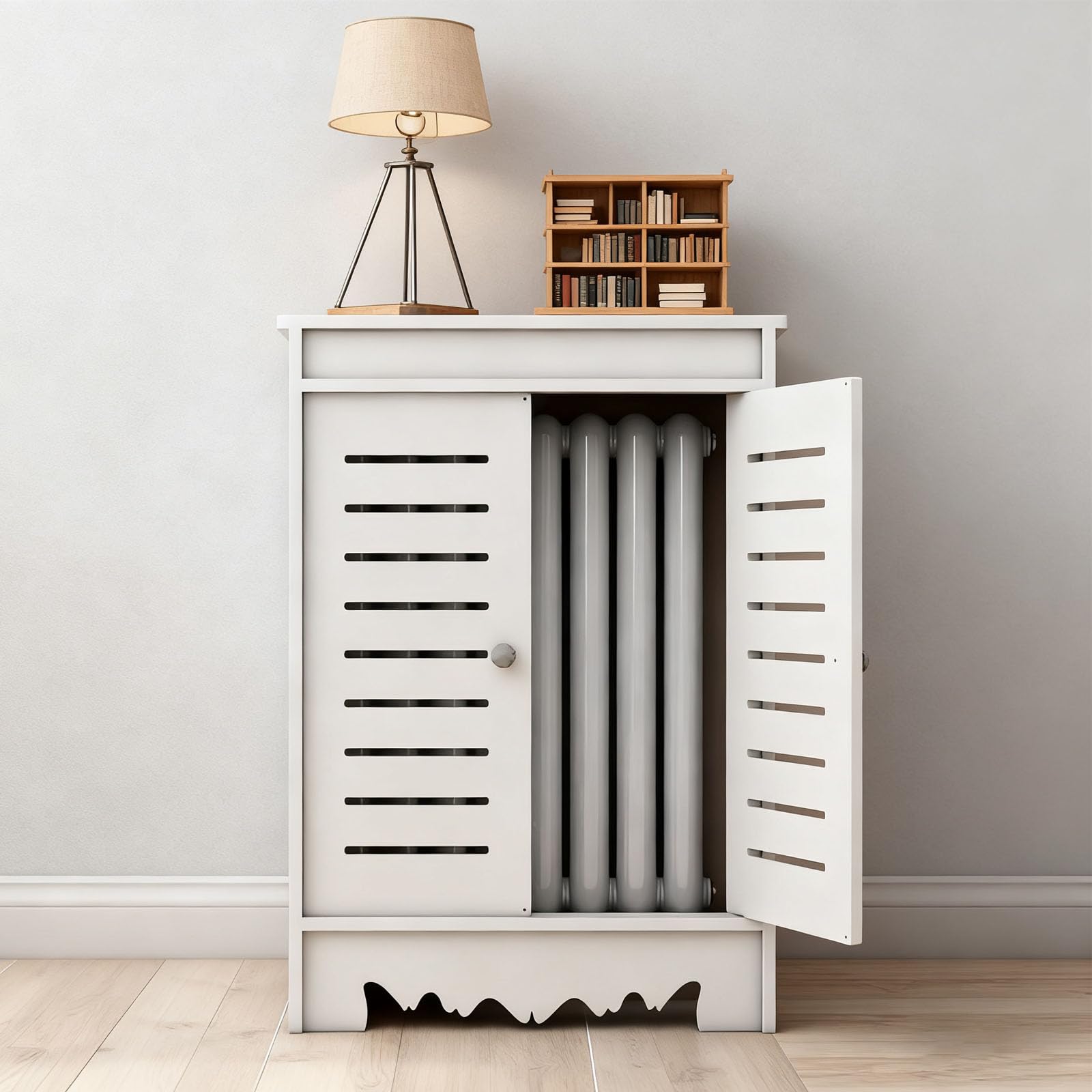 Biała osłona grzejnika z PCW z 2 drzwiami i górną półką, 4-stronna osłona grzejnika do domu, biura, salonu i sypialni, 70 x 80 x 25 cm - stylowy i funkcjonalny design