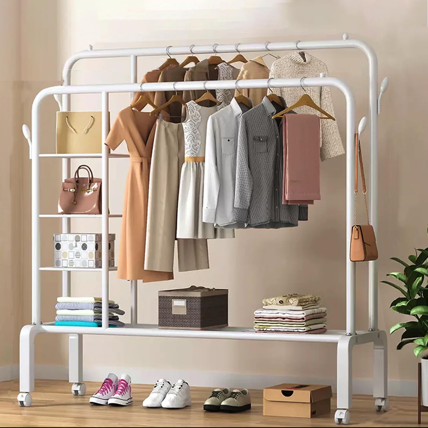 See full amazon price history chart for LEOPAX Metal Double Pole Clothes Rail, Coat Hanger Stand with 2 Hanging Rails, 4 Hooks, 4 Side Shelves, and Bottom Shelve on Wheels for Livingroom, Bedroom, Hallway - (White, 125 x 45 x 148cm) LEOPAX Metal Double Pole Clothes Rail, Coat Hanger Stand with 2 Hanging Rails, 4 Hooks, 4 Side Shelves, and Bottom Shelve on Wheels for Livingroom, Bedroom, Hallway - (White, 125 x 45 x 148cm) (B0DD69PZ7H) Amazon Price History, Amazon Price Tracker