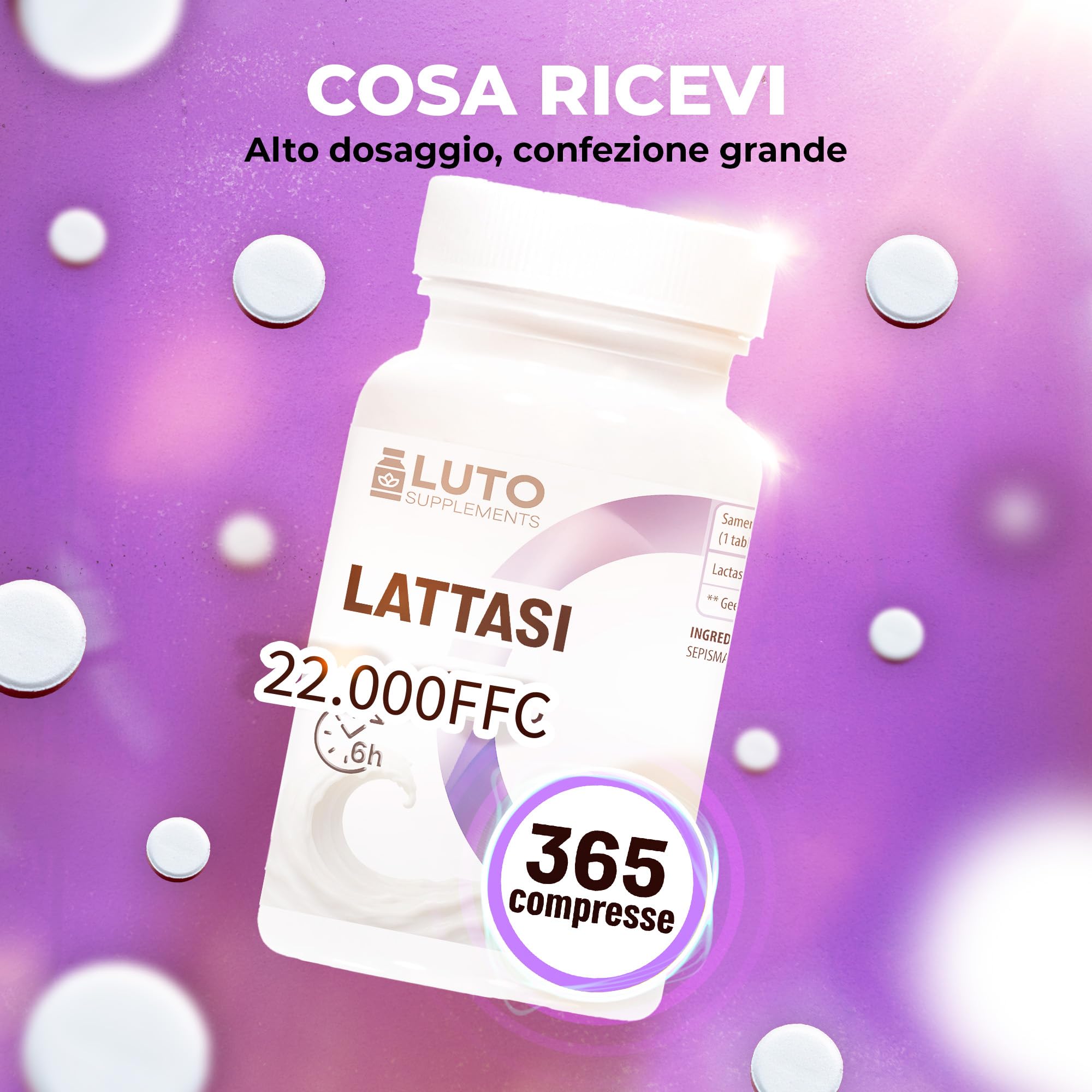 Lattasi 22.000 Depot – 365 compresse a rilascio prolungato (Sepismart® Slow Release) – Alta concentrazione con 22.000 unità FCC – Per intolleranza al lattosio e al latte – LUTO Supplements