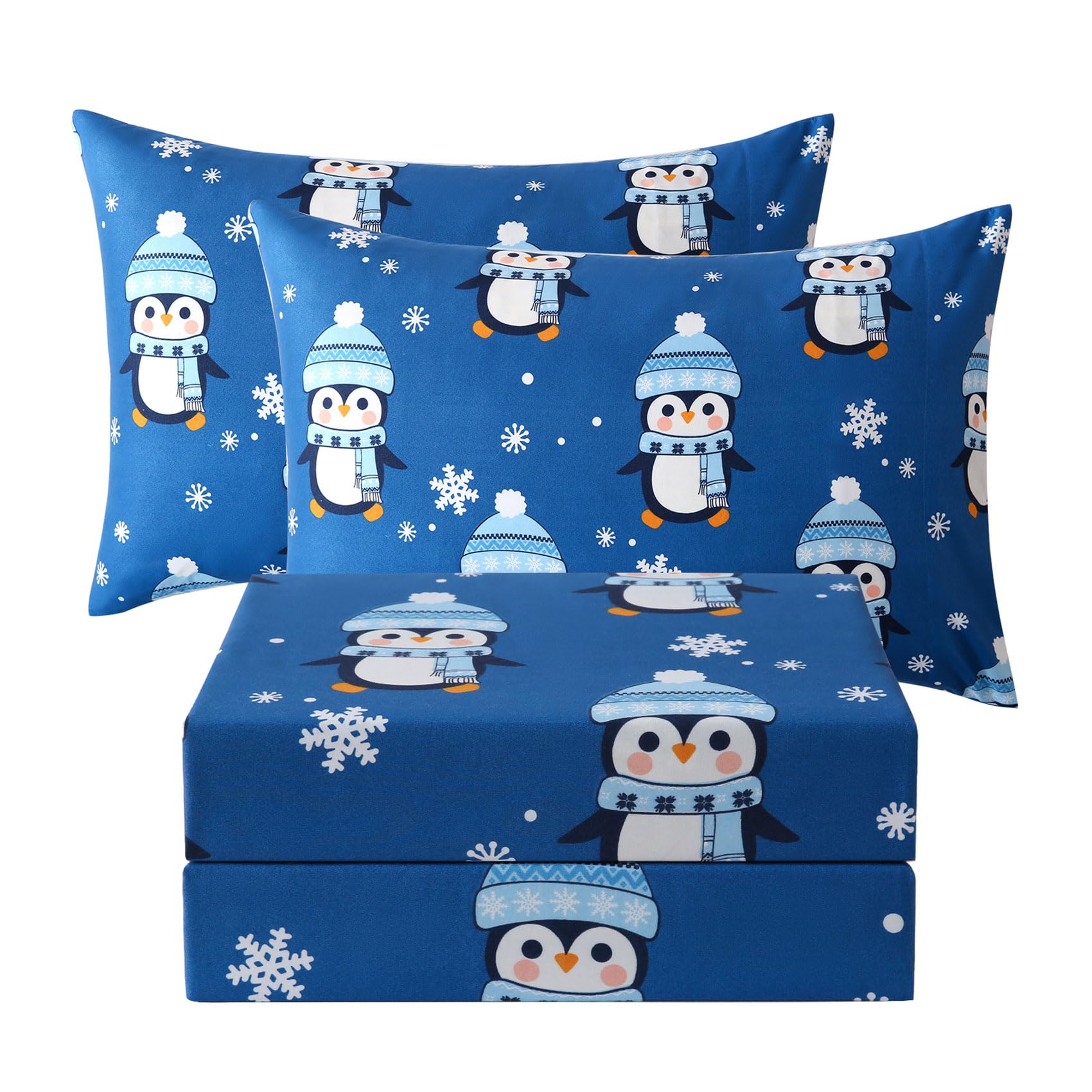 JSD Blue Penguin Snowflakes Kids Christmas Full Sheet Set 4 Piece