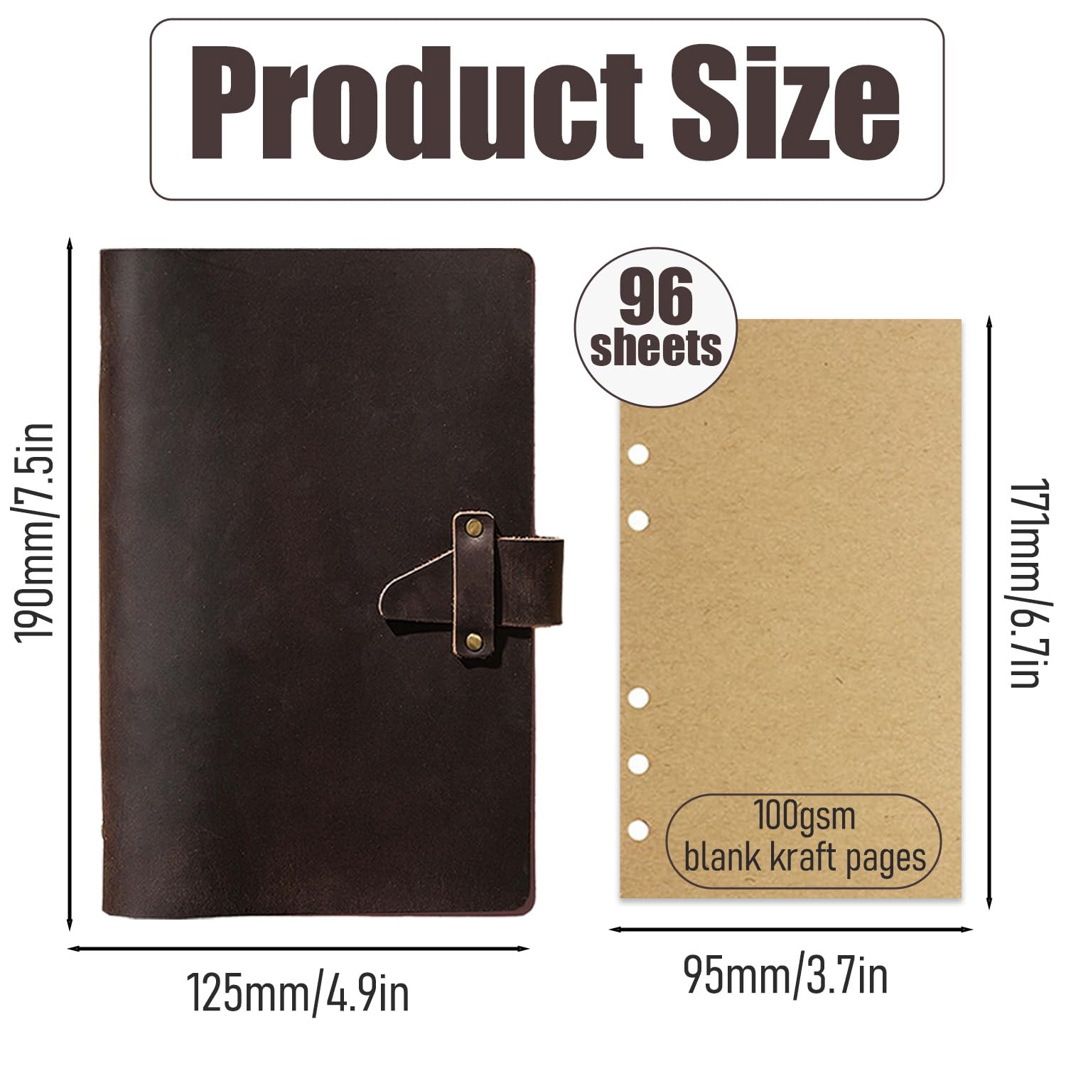Acidea Carnet de notes rechargeable en cuir A6, classeur vintage à 6 anneaux avec couverture en cuir véritable Crazy Horse avec 192 pages de recharge de papier kraft vierge, poche, pour écrivains