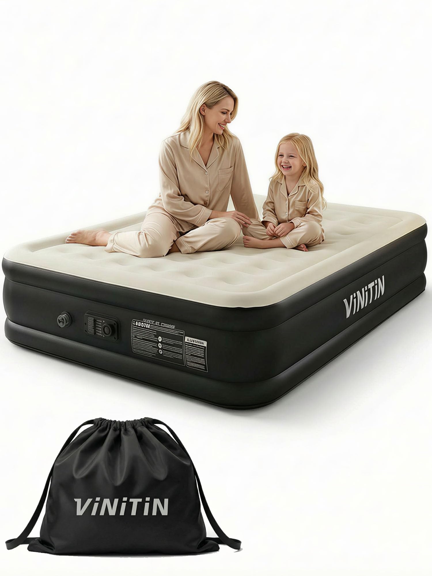 Queen Air Mattress with Built-in Pump, 16" Elevated Inflatable Bed for Home & Guests, Self-Inflating Blow Up Mattress with Flocked Top & Storage Bag, 660lb Max Weight, Matt Black