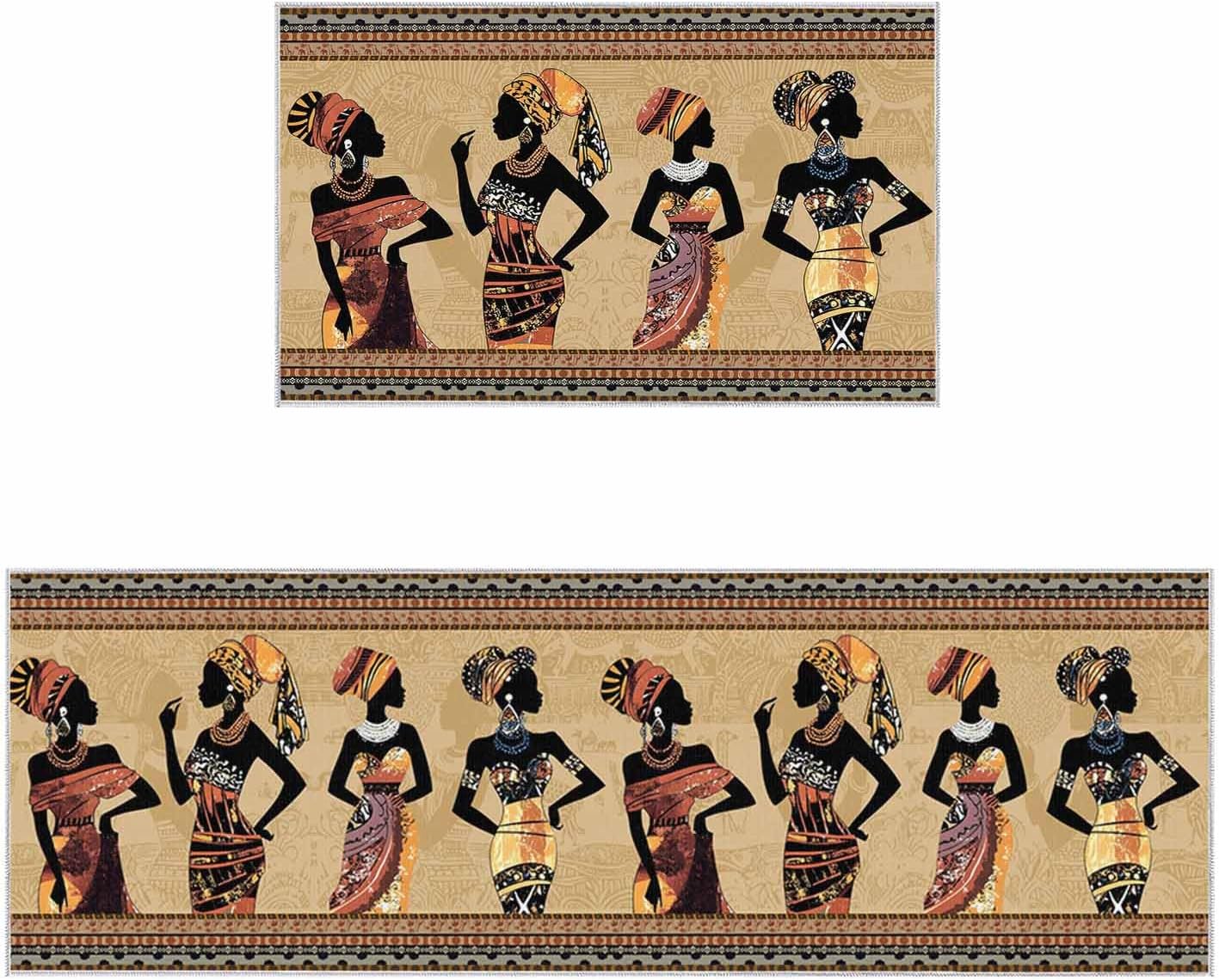 Kitchen Runner Rug, African Black Women Non Slip Runner Carpet Door Mats Floor Mat for Laundry Bedside Bathroom Bedroom Set of 2 Boho Ethnic Geometric Style