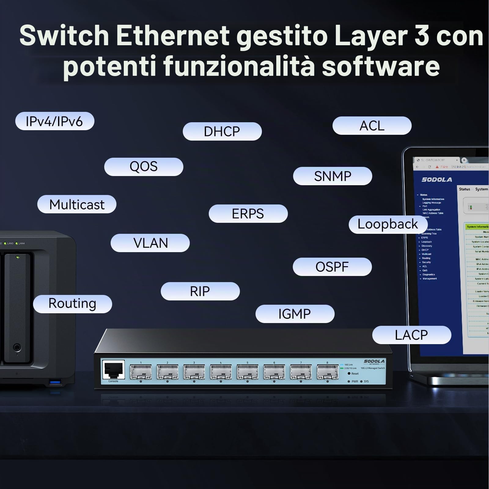 SODOLA Switch a 8 porte da 10 Gbit, gestito L3, porte SFP+ 8 x 10G | Link Aggregation/QoS/VLAN/IGMP, switch di rete senza ventole da 10 Gb Multi-Gig Layer 3 Management
