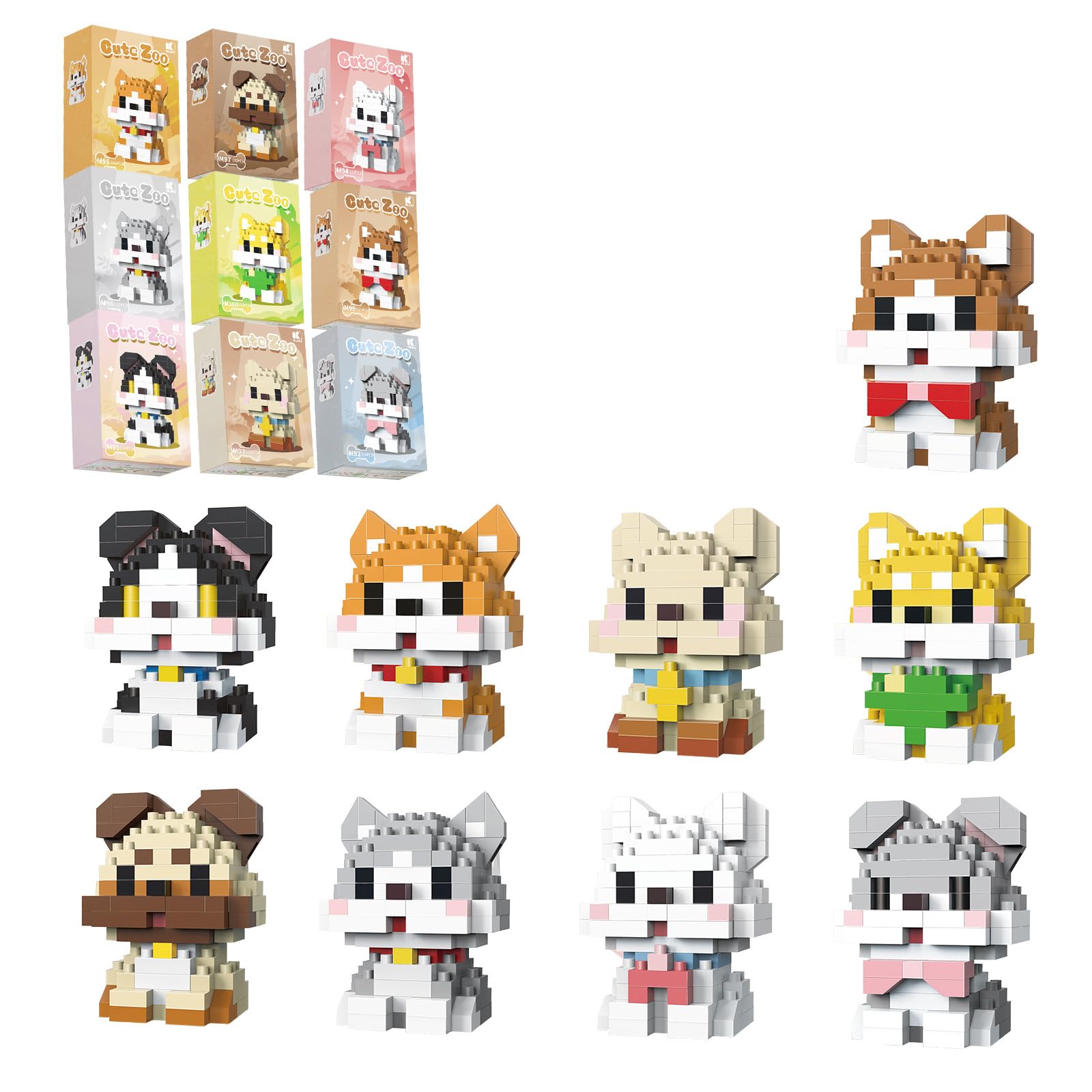 QISHOUTING 9 Packs Mini Dogs Building Blocks for Kids 6 7 8 9 Years Old, 9 Styles Small Cute Dog Building Set,Miniature Dog Figurine Toys for Adults