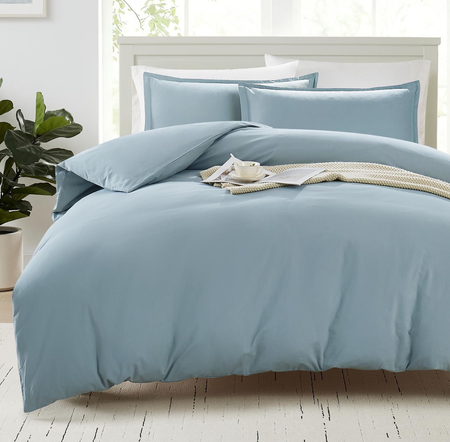 LANE LINEN Single Size Duvet Cover Set - 100% Organic Cotton, 2-Piece Soft and Breathable Bedding, 1 Duvet Cover 135 x 200 cm and 1 Pillow Sham, Eco-Friendly, Comforter Not Included - French Blue โ image 1