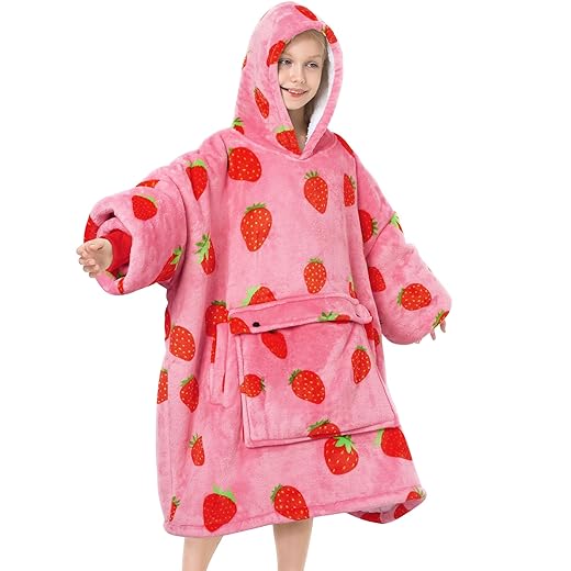 Narecte Kids Blanket Hoodie Kids Hoodie Blanket Kids Wearable Blanket Kids,Wearable Blanket,Oversized Sweatshirt Birthday Gifts for Teen Girl Year Old Boy Gift Ideas, Strawberry, Kids 6-10YR