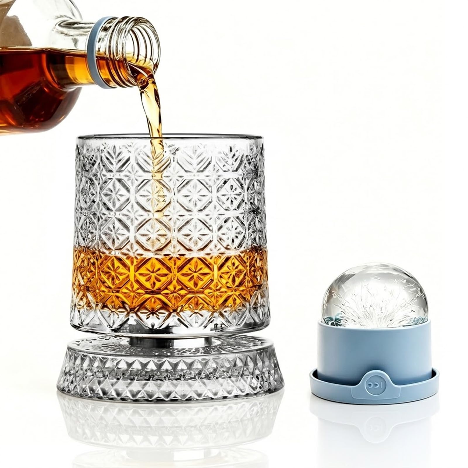 Bezvill Rotating Whiskey Glass with Large Ice Ball Mold, Single Spinning Crystal Bourbon & Old Fashioned Tumbler, 360° Kinetic Glassware for Home Bar, Unique Gifts for Men, Dad
