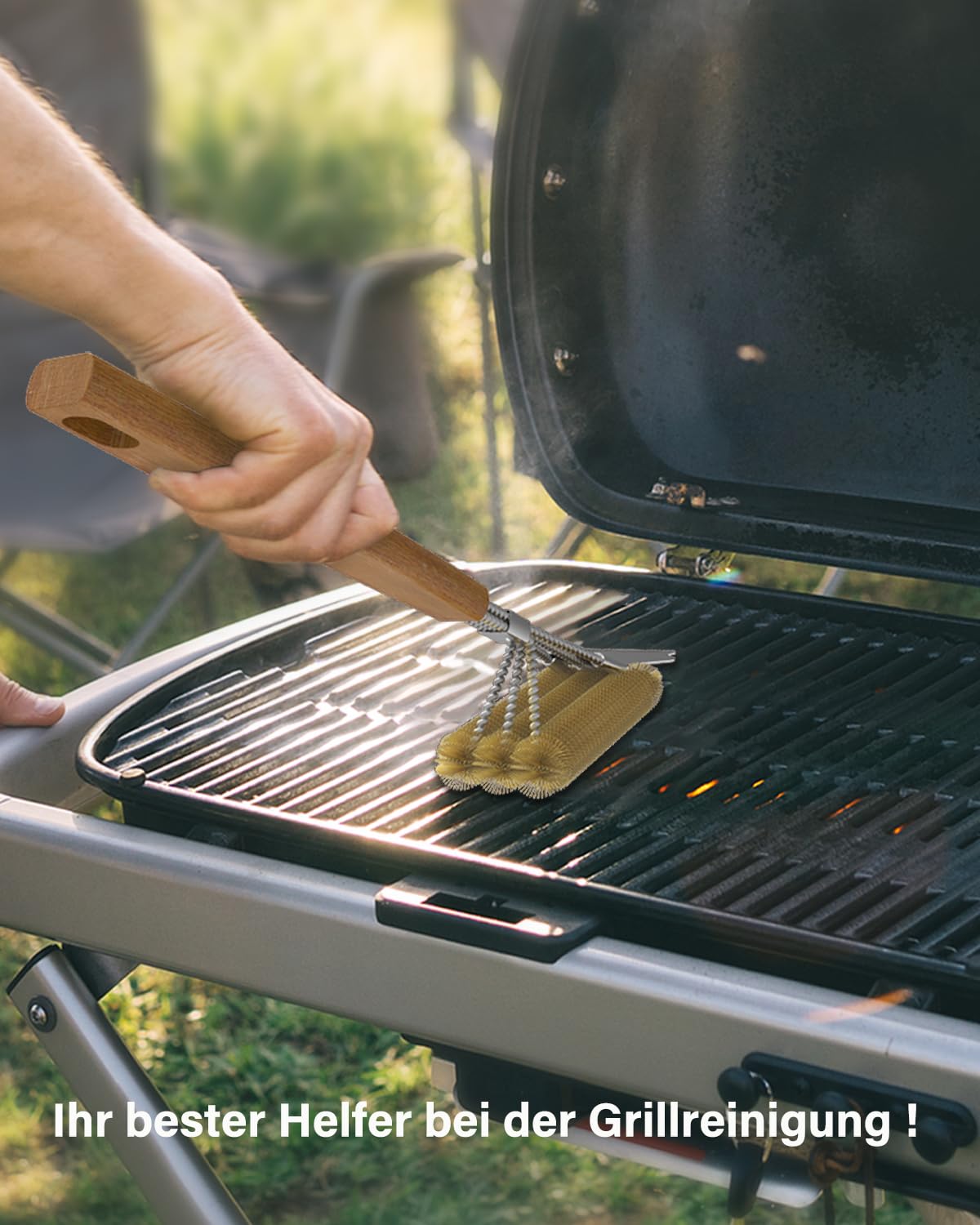 Cepillo para barbacoa de latón, cepillo de limpieza de parrilla, raspador de acero inoxidable, cerdas gruesas de acero inoxidable, mango de madera extralargo de 39 cm, para barbacoa de gas, parrilla