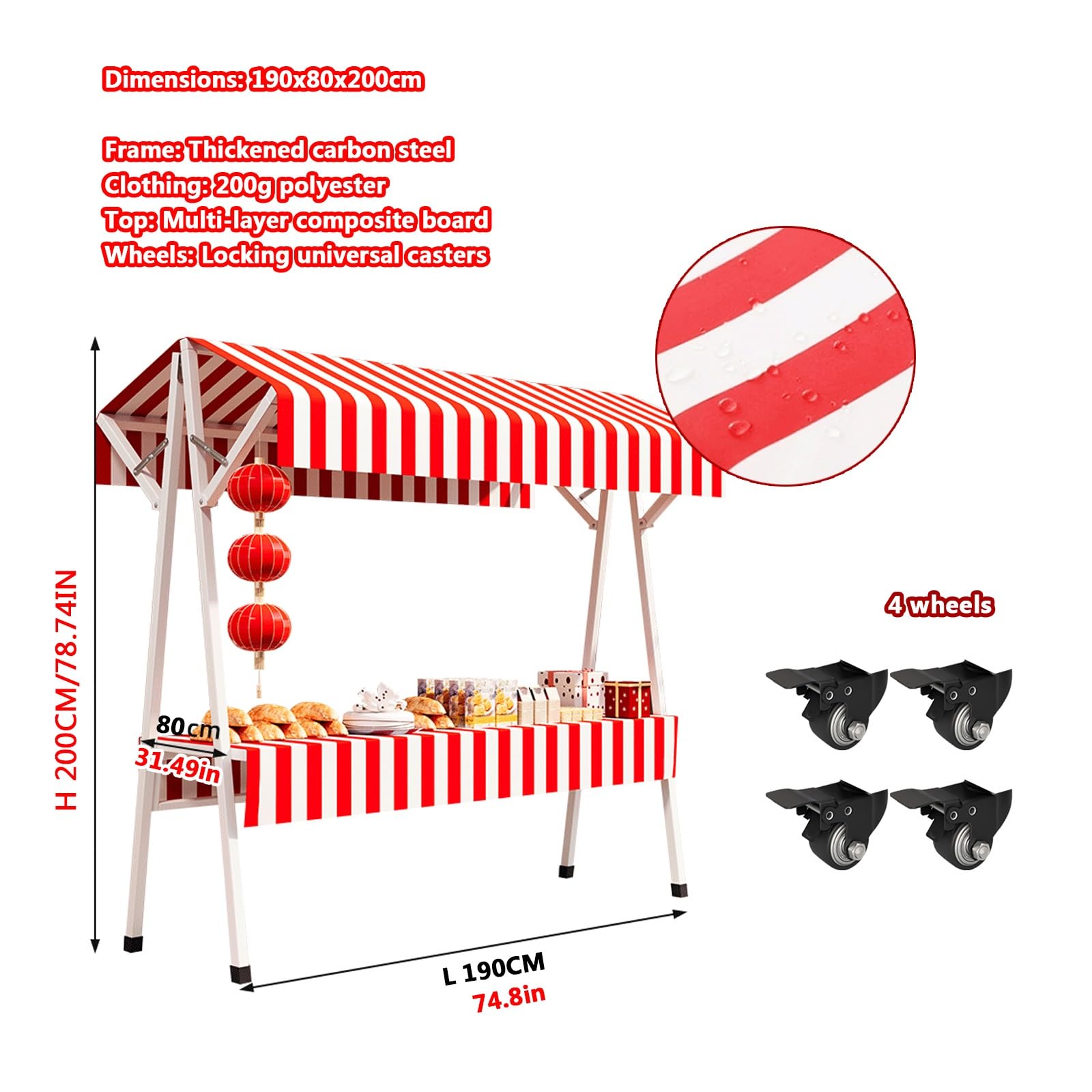 Puesto de mercado, carrito de vendedor ambulante con ruedas, caseta de venta plegable con toldo a rayas, protección contra el sol y la lluvia(Red,110x60x200cm)