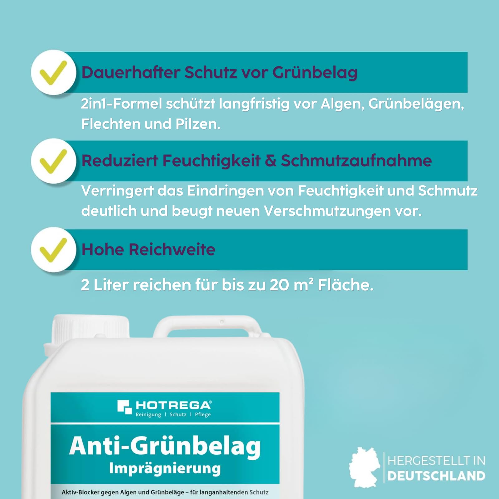 HOTREGA Anti-Grünbelag Imprägnierung 2 L | Schutz gegen Algen, Moos & Pilze | Gebrauchsfertig für Holz, Stein, Beton & WPC | Beugt Neubefall vor | Lösemittelfreier Langzeitschutz für Außenflächen