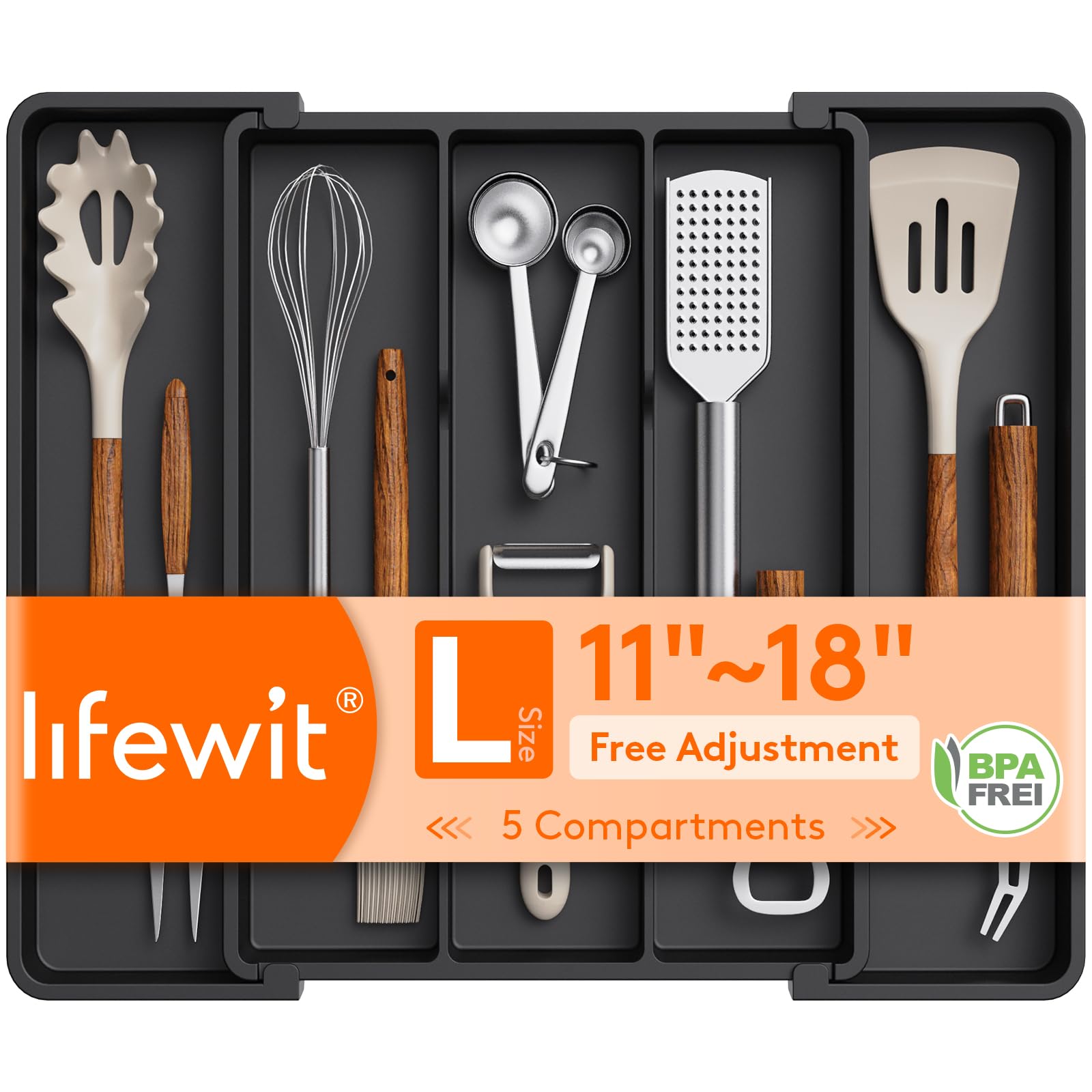 Lifewit Cooking Utensil Drawer Organizer, Expandable from 11 to 18 inches, Adjustable Cutlery Silverware Tray, Plastic Flatware Spatula Holder, Kitchen Tools Gadgets Storage Divider, Black