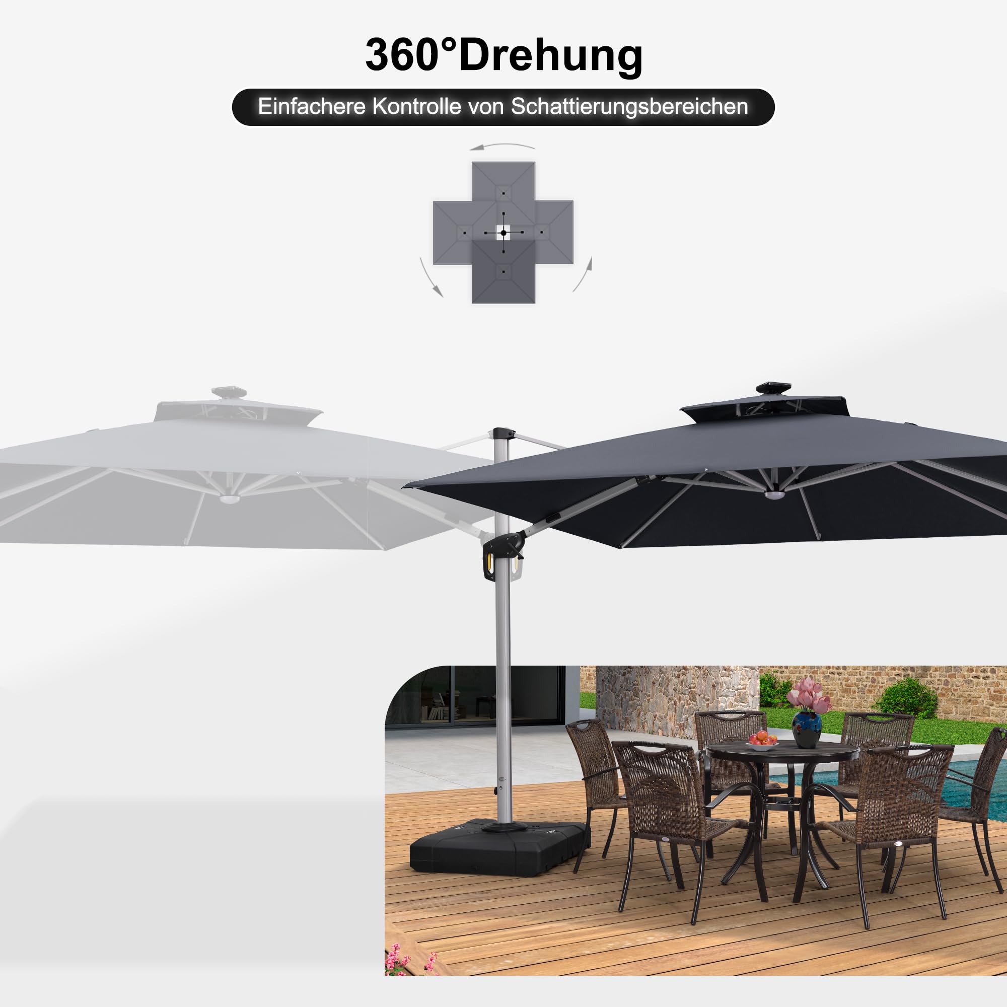 PURPLE LEAF Sonnenschirm mit LED Solar Beleuchtung Ampelschirm 300 x 300 cm Marktschirm Groß 360°Rotation, Gartenschirm mit Kurbel, Balkonschirm XXL, Sonnenschutz UV50+, Grau