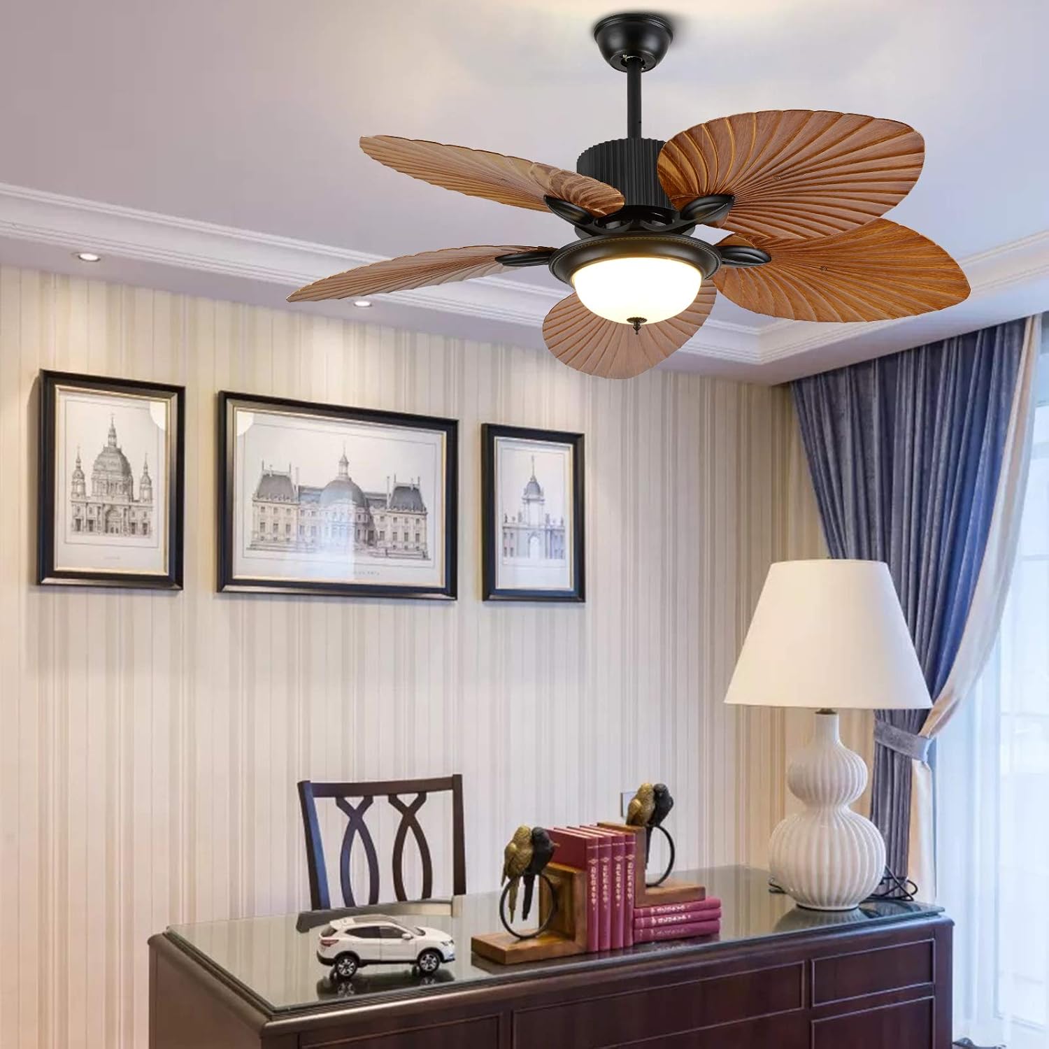52 Inch Tropical Palm Leaf Ceiling Fan Lights, 3 Speed Remote Premium Light Fixtures 3 Lights 5 Palm Leaf Blades Tropical Ceiling Fans Decoration Home/Restaurant