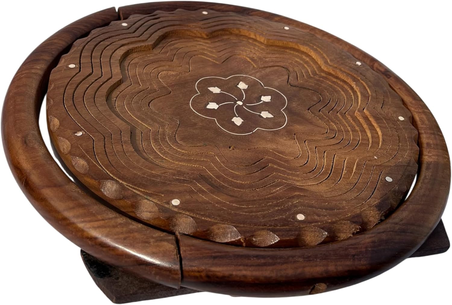 Handcrafted Carved Foldable Wooden Fruit Basket with Carry Handle | Collapsible Solid Wood Serving Bowl for Fruits, Dry Fruits & Table Décor