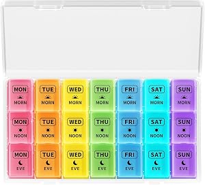 Opret Pill Box Organiser 7 Day, Pill Dispenser Weekly 3 Times a Day with case for Travel, Vitamin Fish Oil Container Planner BPA Free (Rainbow-Coloured)