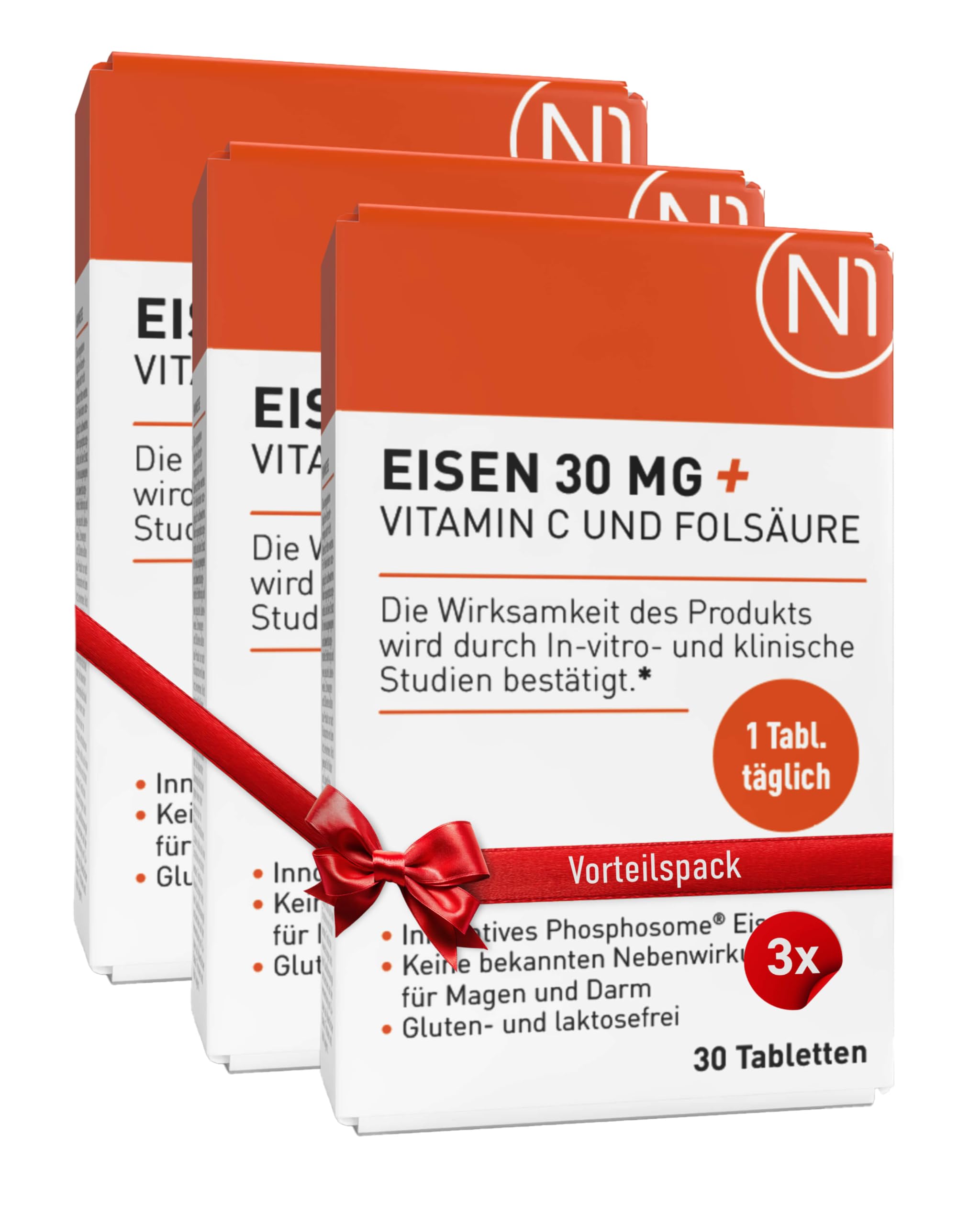 N1 Hierro 30 mg + tabletas de vitamina C y ácido fólico – Alta biodisponibilidad – 90 comprimidos – Alta dosis – Sistema inmunológico – Metabolismo energético