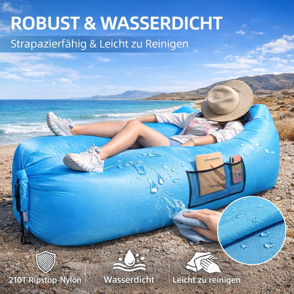 AngLink Luftsofa mit Kopfstütze, aufblasbares Sofa, wasserdichter Air Lounger ohne Pumpe mit 2 Lufteinlässen, bis 200 kg, 2 Seitentaschen und Tragebeutel für Camping, Park und Strand,Blau
