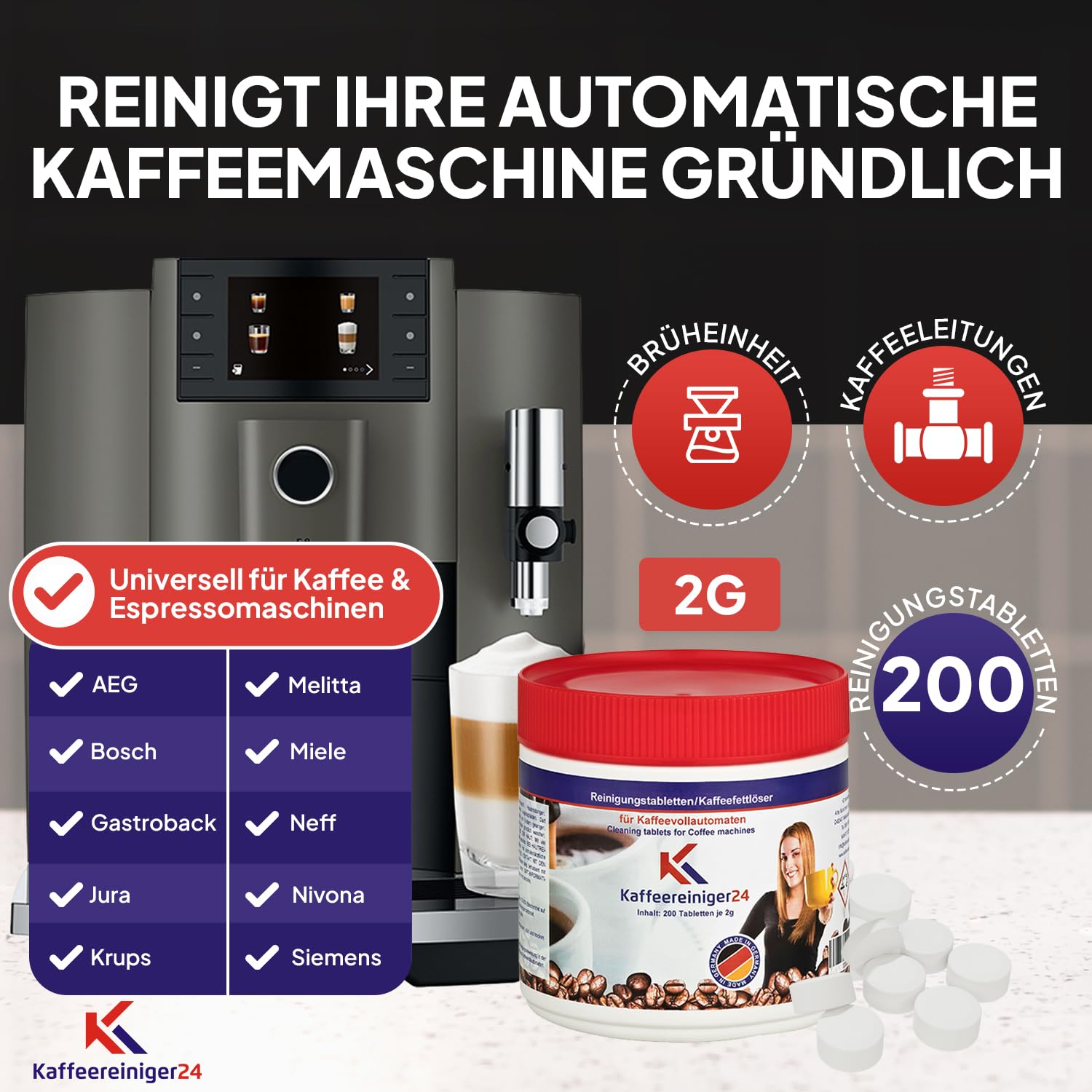 200 Reinigungstabletten 2g für Kaffeevollautomaten & Kaffeemaschinen – nur 8 Cent je Reinigung – Kompatibel mit Jura, Siemens (auch EQ Series), Melitta, Krups, Bosch, Miele uvm.