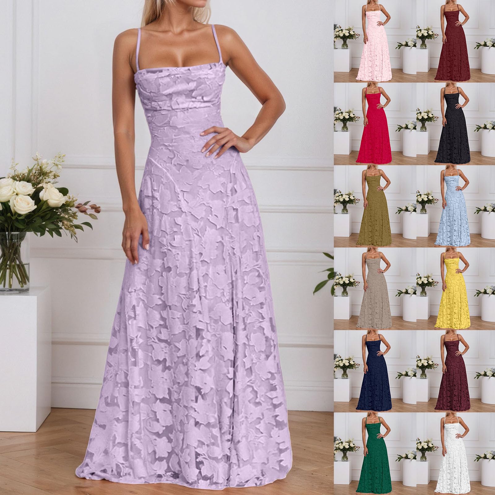 Générique Robe de Demoiselle d'honneur en Dentelle Florale Jacquard élégant Corset Bretelles Spaghetti Dos Nu Mousseline Robe de Bal Formelle pour Femme