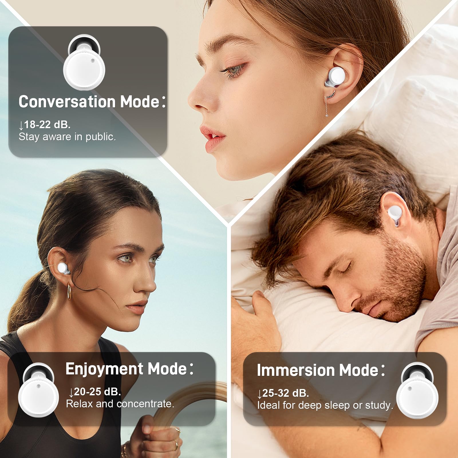 Tapones ajustables para los oídos para dormir con cancelación de ruido, 3 modos de control de ruido, protección auditiva, tapones reutilizables para conciertos, viajes, enfoque y socialización,