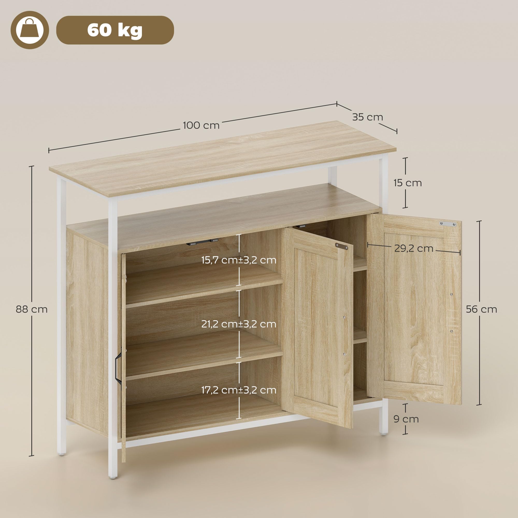 HOMCOM Buffet 3 Portes, Compartiment Ouvert, 100 x 35 x 88 cm, Bois Naturel | Meuble de Rangement, 4 Étagères Réglables, Cadre en Métal, Style Industriel, Salle à Manger, Cuisine, Salon