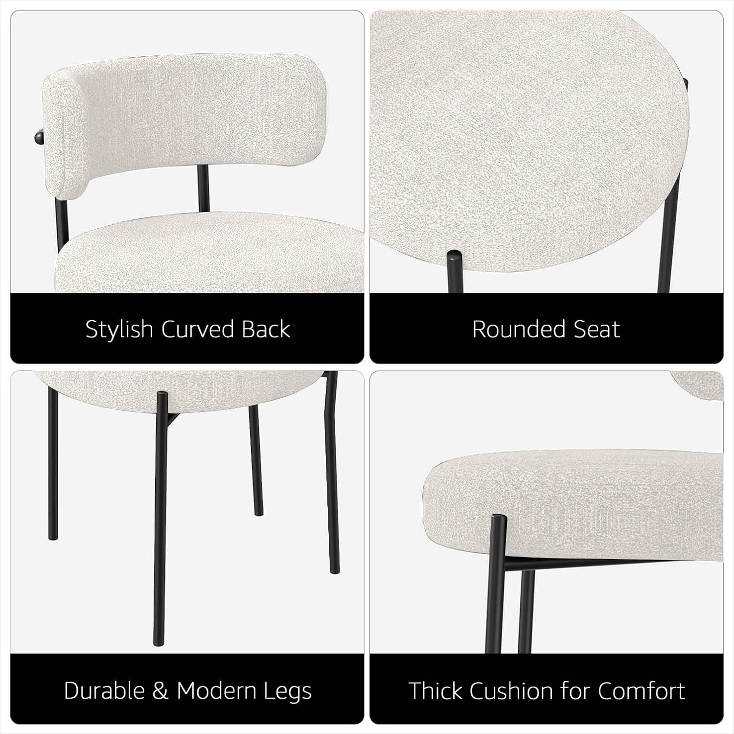 Set of 2 White Boucle Upholstered Dining Chairs with Metal Legs
