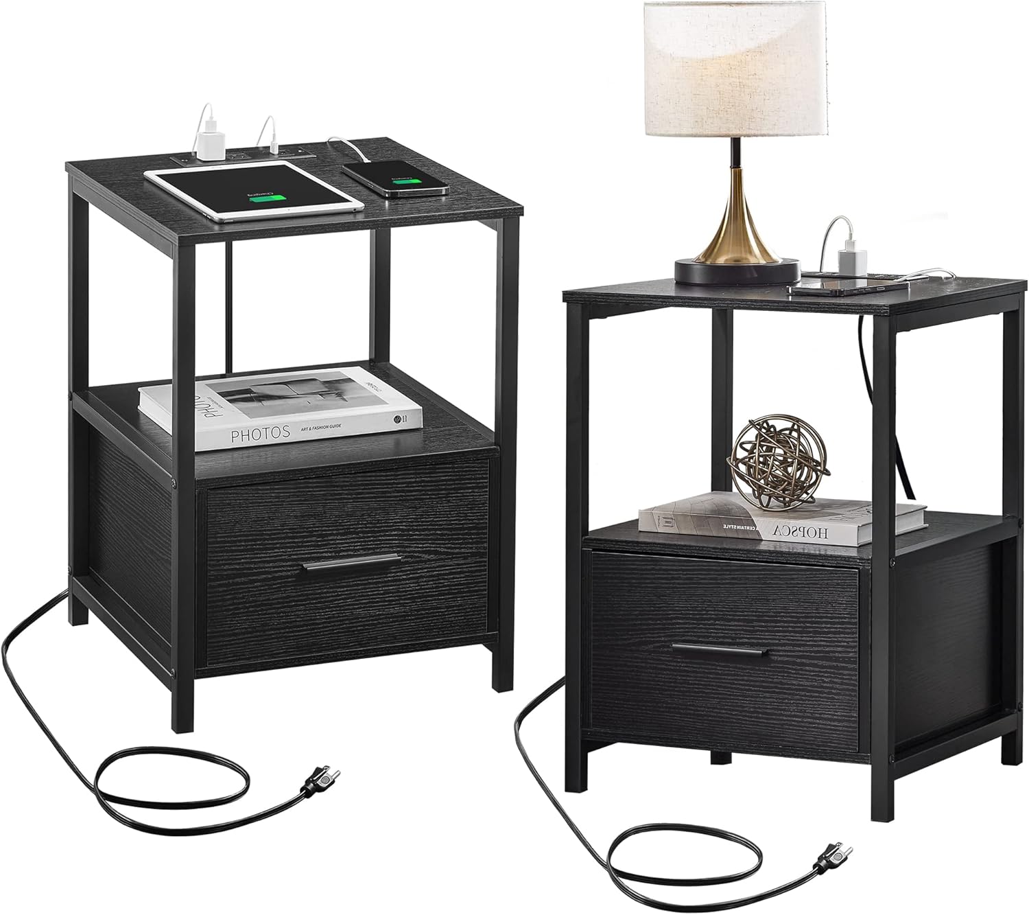 VECELO Nightstand Set of 2 with Charging Station, End/Side