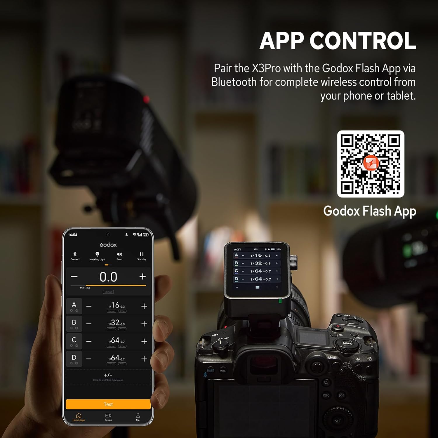 Smartphone displaying Godox Flash App controlling the X3 Pro C flash trigger