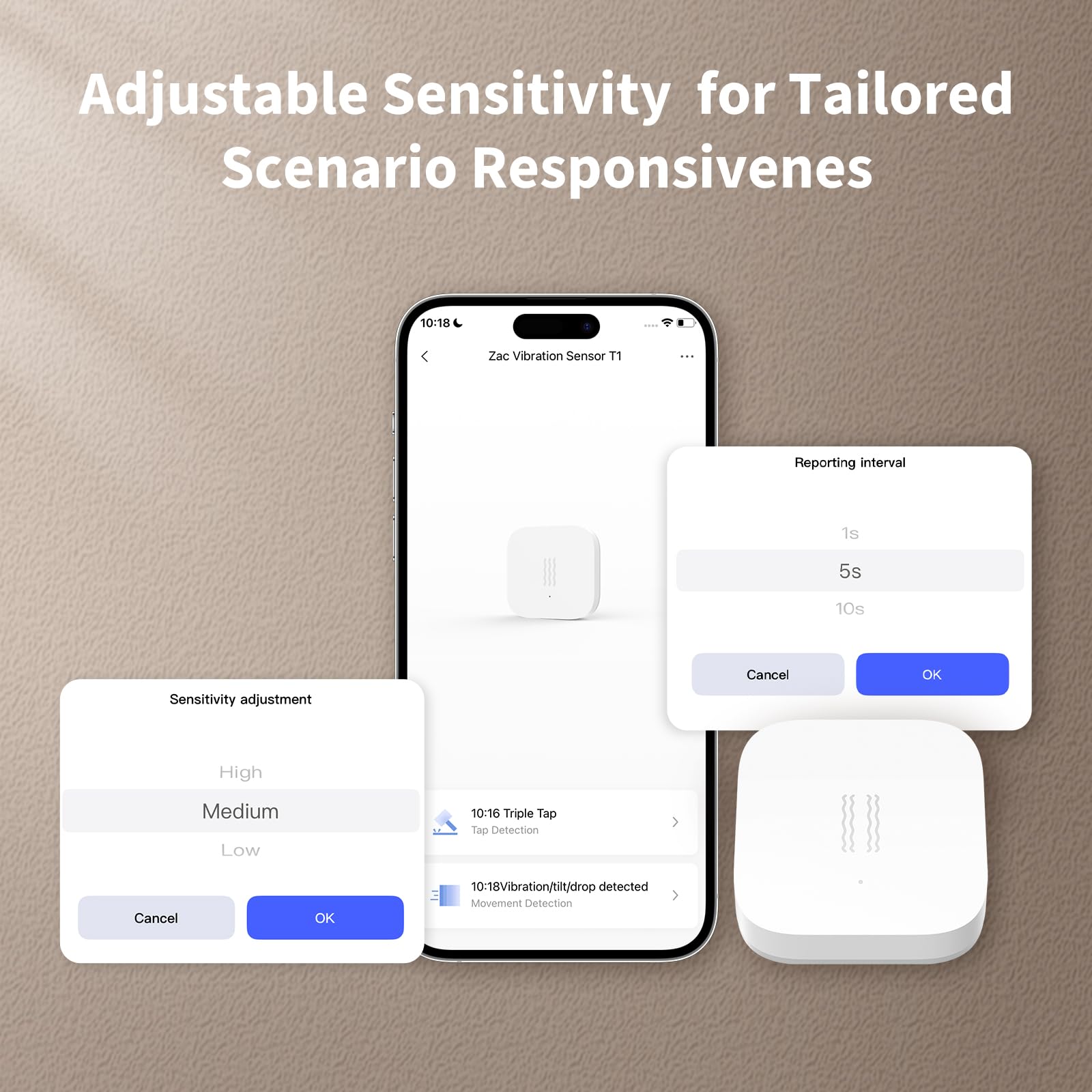 Aqara Capteur de vibration T1, automatisation à triple pulsation, trois réglages de sensibilité, Zigbee 3.0, alertes instantanées, blanc