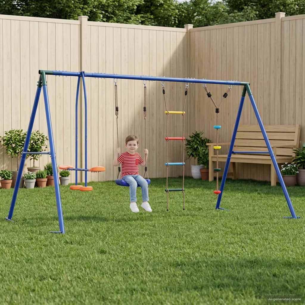 Zestaw huśtawek outdoorowych, wielokolorowy, 330 x 185 x 185 cm, stal PE, odporna na warunki atmosferyczne, stabilna rama, regulowane siedzisko dla dzieci od 3 lat, idealny do ogrodu i na