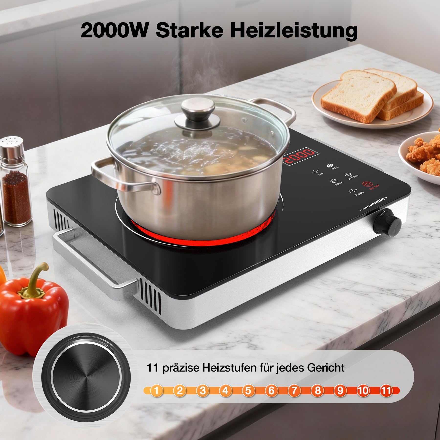 Glaskeramikkochfeld 2000W, Tragbare Kochplatte Elektrisch 1er 36 cm mit Isolierten Griffen, 4 Kochmodi & 4H-Timer, Kochplatte Infrarot für Alle Töpfe, Tisch, Balkon und Camping