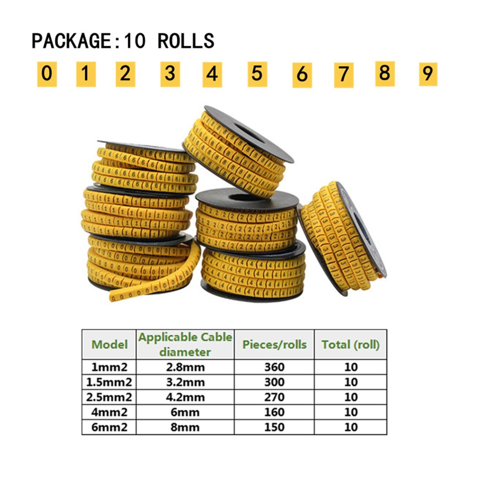 10 Rollen Draht Kabelmarkierer Kabelschlauch PVC Nummer 0-9