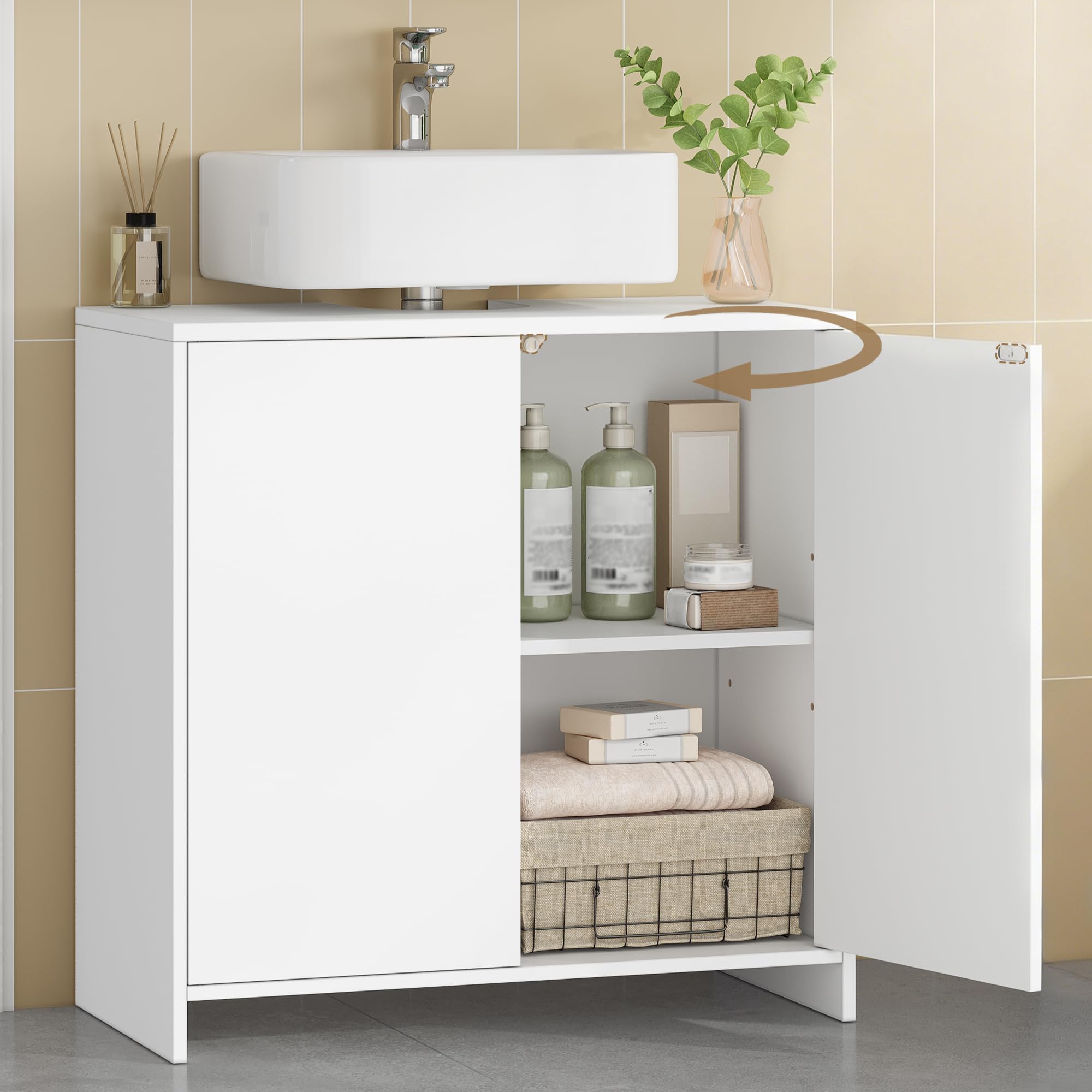Hzuaneri Waschbeckenunterschrank, Unterschrank, Badezimmerschrank, Verstellbare Einlegeböden, Badschrank mit 2 Türen, Freistehend, Moderner, 30 x 60 x 60 cm, Weiß BC00603X