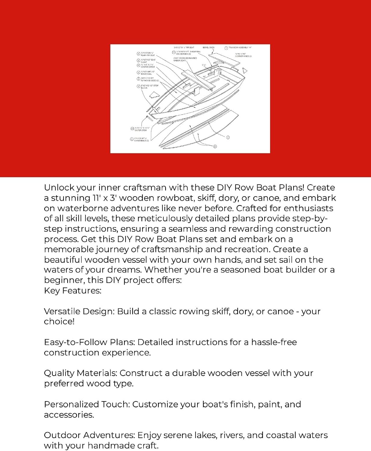 Wooden Rowboat Plans - Build Your 11' x 3' Rowing Skiff Craft