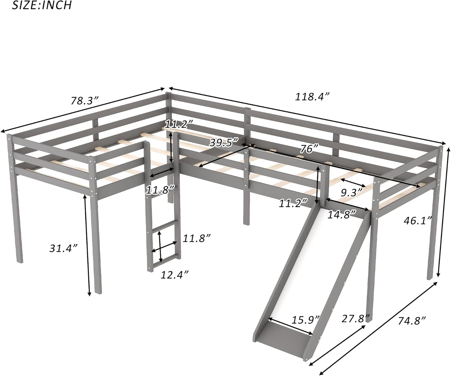 LZ LEISURE ZONE Twin Loft Bed with Slide, Wood L-Shaped Loft Bed, No Box Spring Needed, Gray