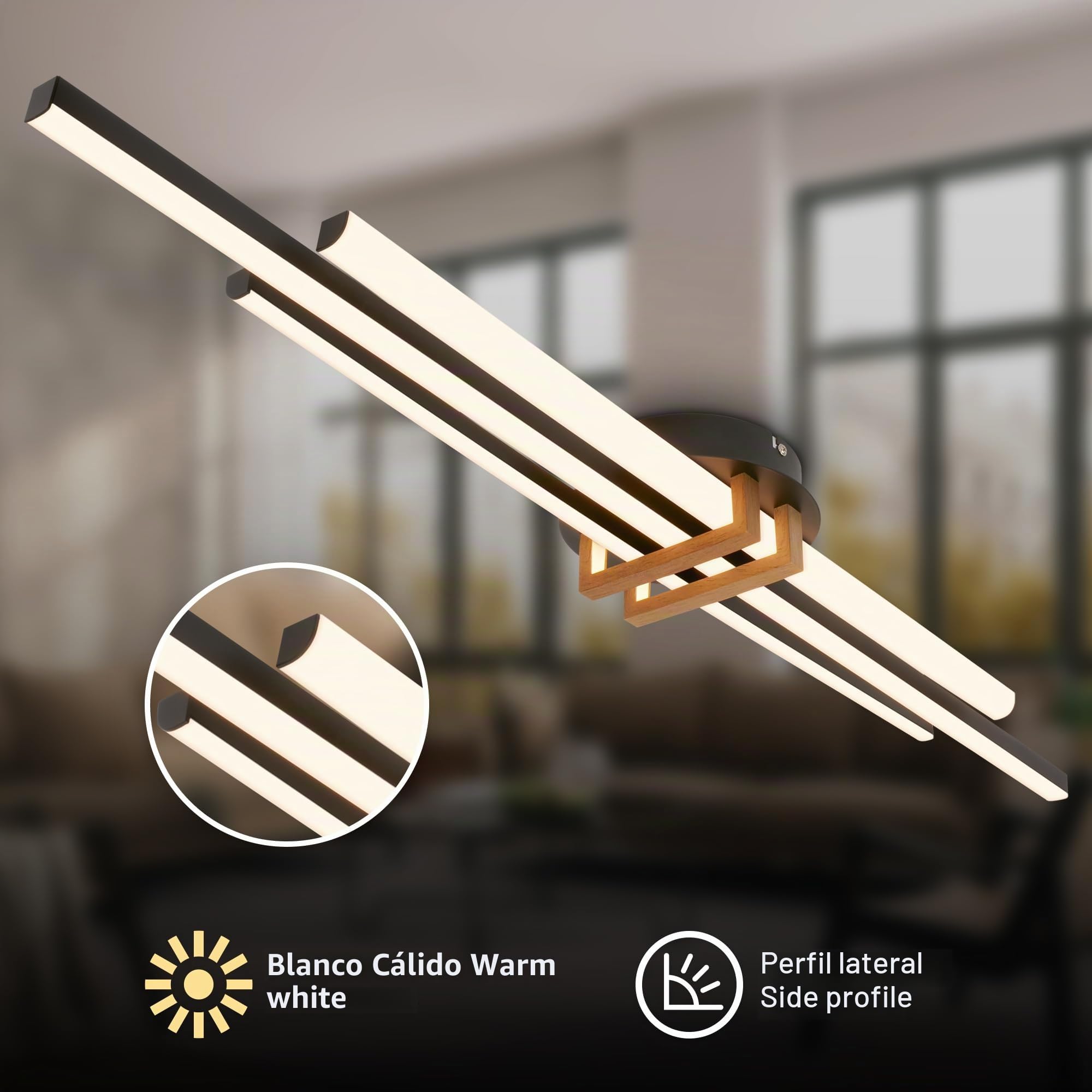 BRILONER - Lampara techo LED con luz blanca cálida, perfiles angulares, plafon LED techo, salon, plafones para techo, 98x16x7,5cm, negro madera