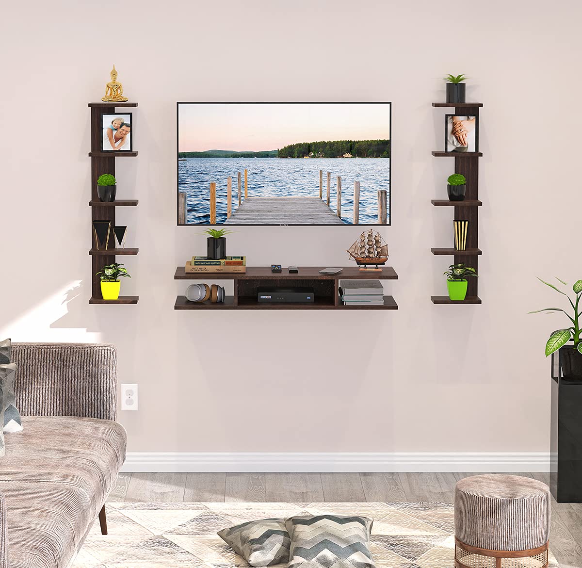 BLUEWUD Estoye Standard Engineering Wood Wall Mount TV Entertainment Unit Set Top Box Stand/TV Cabinet with Shelves for Books & Décor Display Unit, Ideal for 50” (Wenge/DIY)