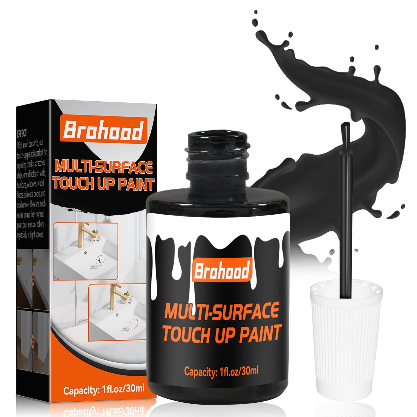 Brohood Black Touch Up Paint, Appliance Kitchen Cabinet Bathtub Paints for Wall, 30ML Multi Surface Touch Up Paint Pen, Semi Gloss Black Wall Paints for Enamel Porcelain Door Furniture Chips Scratches