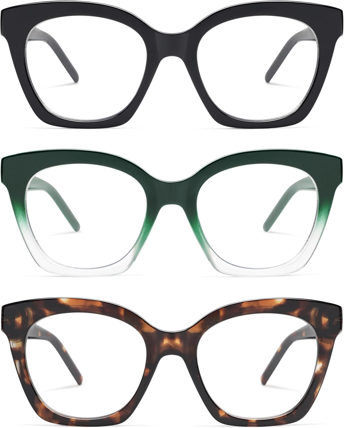 AMOMOMA Trendy Square Reading Glasses for Women, Stylish Retro Blue Light Blocking Readers AM6113 P2 Black&green/Transparente&tortoise 1.0 x