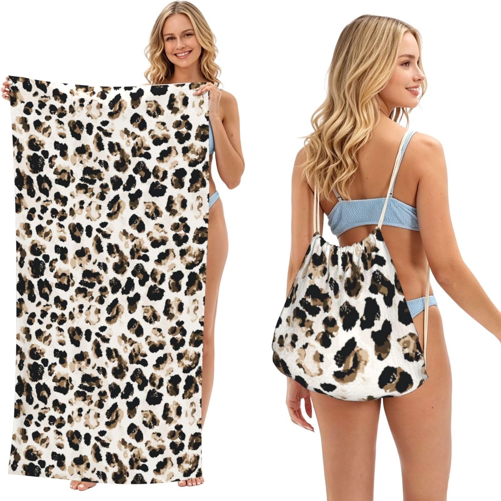 Poadnly As Picture Leopard Pattern, 2 In 1 Packable Towel Bag, Beach Towels With Drawstring Backpack For Travel Holiday Camping