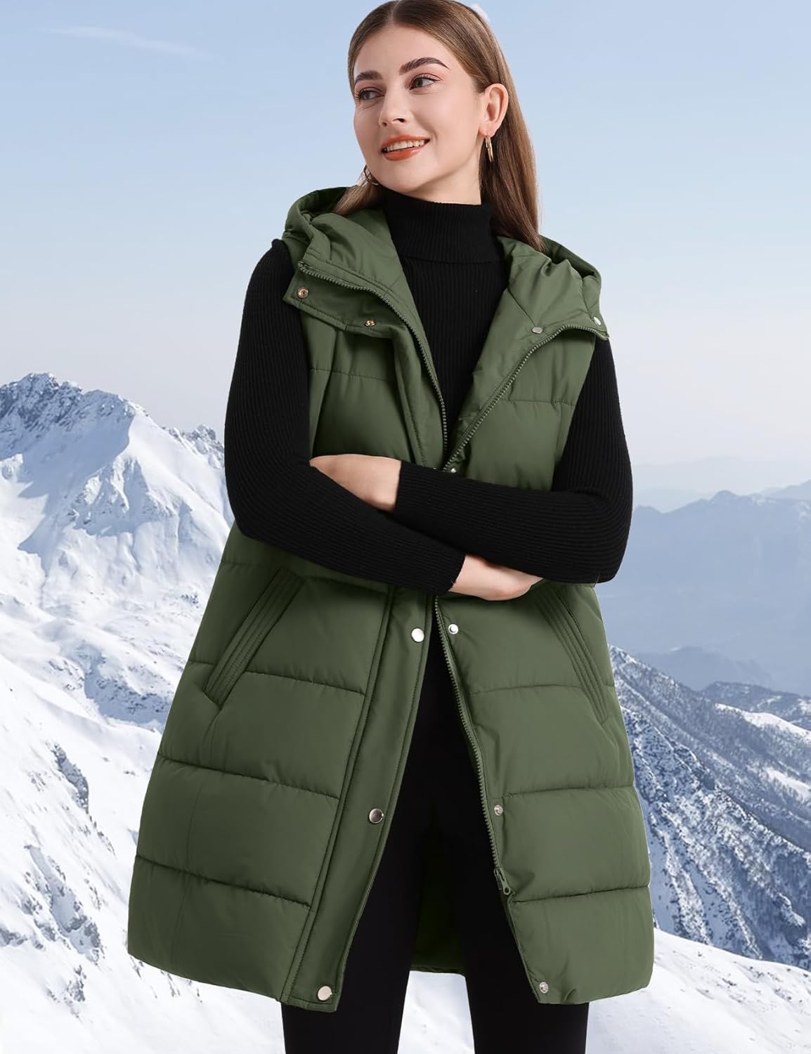 Flygo Long Puffer Vest Women Hooded Sleeveless Winter Jacket Button Zip Up Quilted Vest Padded Outerwear - Image 3