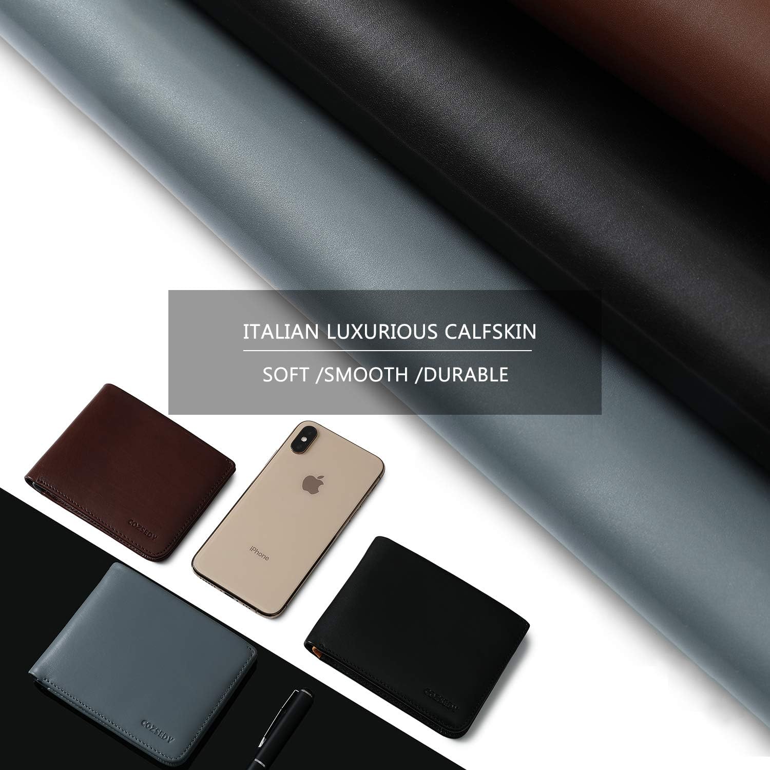 Calfskin Slim Wallets For Men RFID Blocking Leather Minimalist Front Pocket Mens Bifold Wallet Easy Access Ladder Card Slots (Black) - Image 6