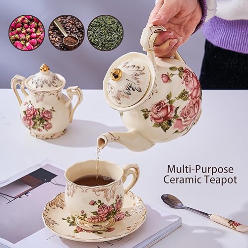 Miniatura 5 de YOLIFE Tetera con infusor de acero inoxidable, tetera de cerámica de 42 onzas con diseño floral y de hoja dorada para té de hojas sueltas, perfecta