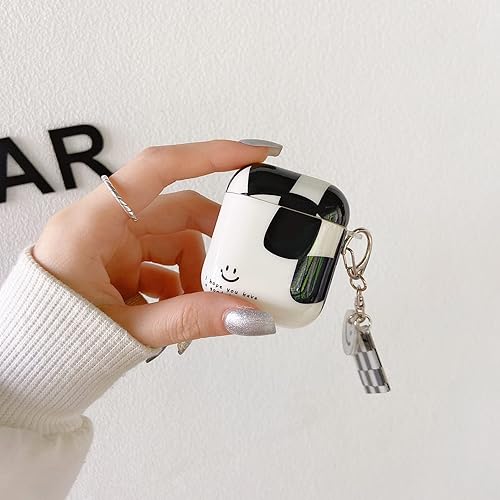 Miniatura 2 de BONICI Funda protectora para AirPods 12, creativo y elegante, arte blanco y negro, cuadrícula a cuadros, cara sonriente, silicona suave, goma TPU,