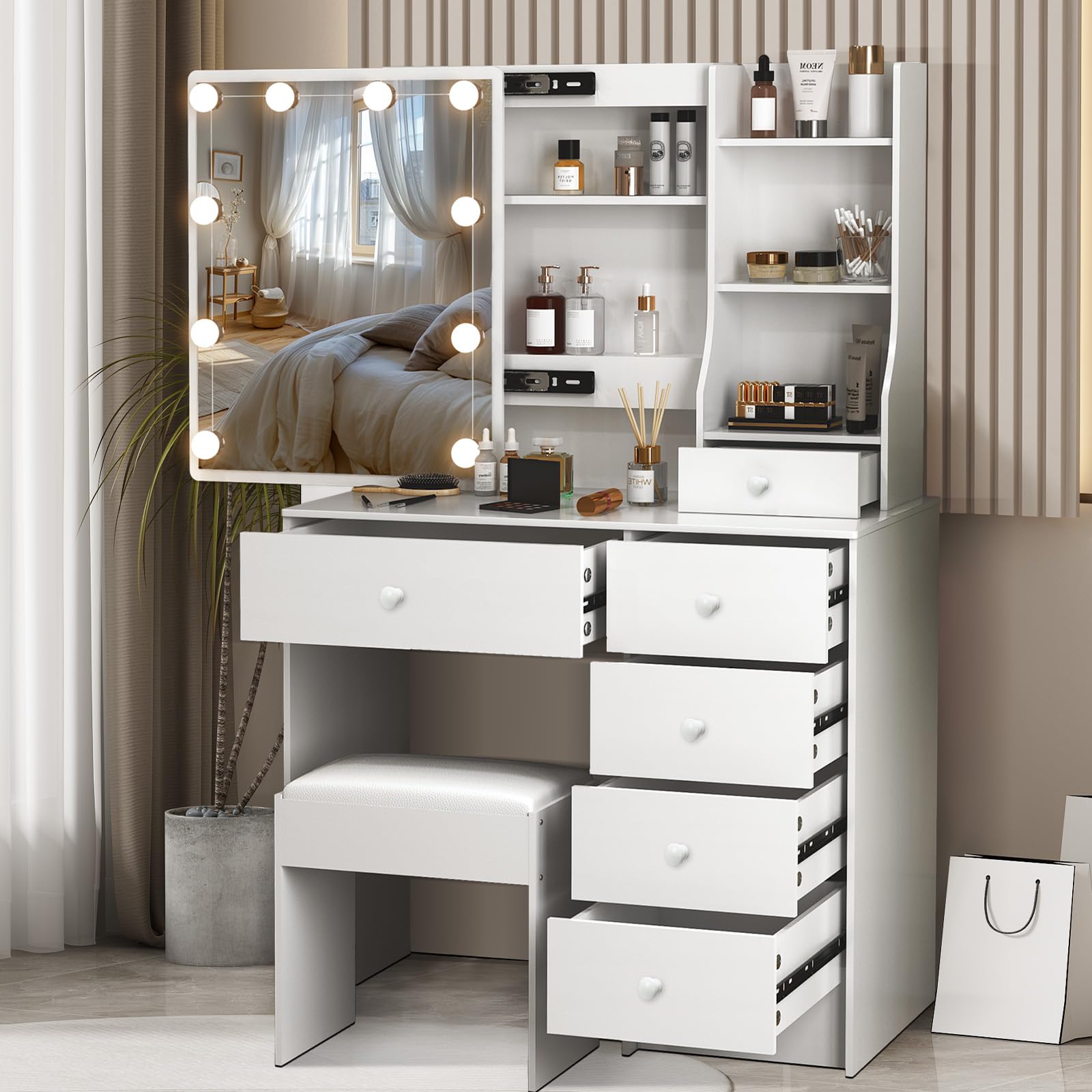 Coiffeuse Maquillage 6 Tiroirs 80cm - Miroir LED 3 Lumières Blanc
