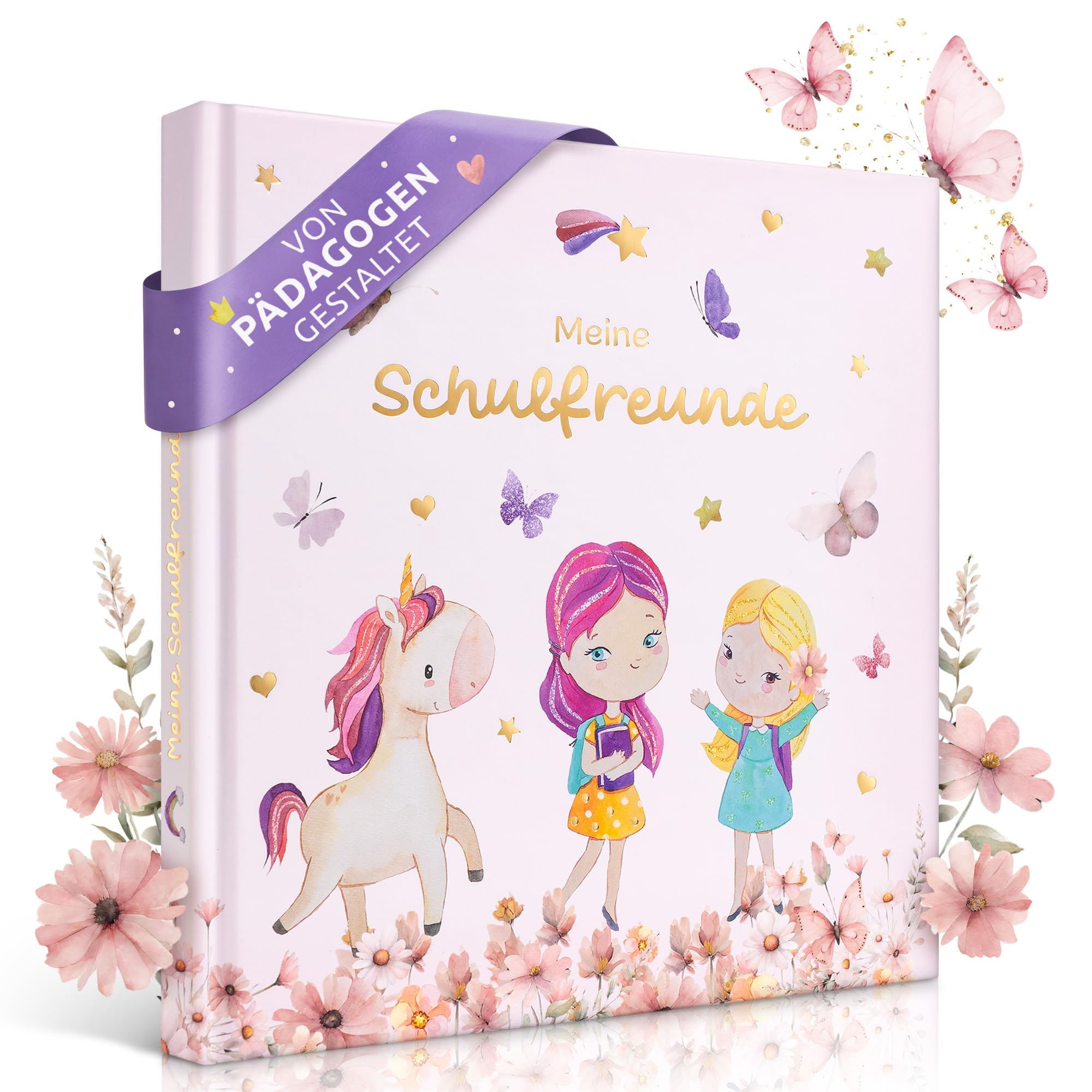 EULENTALER® Freundebuch Schule für Mädchen Einhorn I Von Pädagogen gestaltet I Handgemalte Einhörnern, Schmetterlinge & Blumen I Geschenk zur Einschulung I Goldprägung I Schulfreundebuch Grundschule