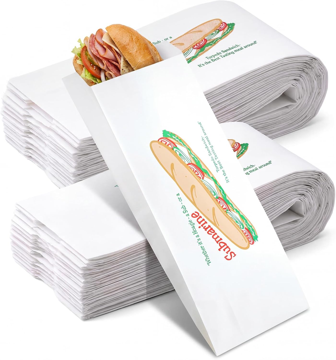 Jetec 500 Pcs Sub Sandwich Bags 4.5 x 14 Inch Greaseproof Submarine Theme | Printed Delicious Design, Coated Paper, Take out Packaging for Bakery, Cookies, Treats, Snacks, Sandwiches