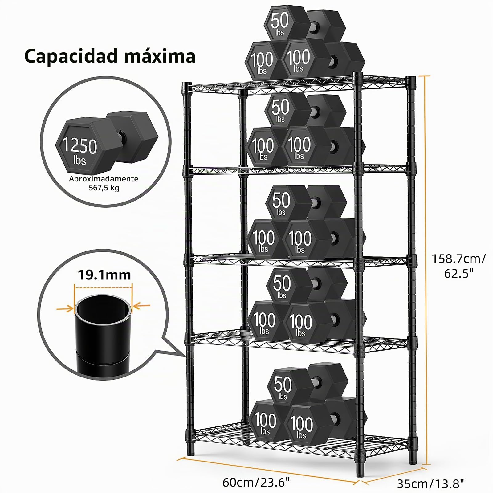 M MZG Estantería Metálica de Carga Pesada de 5 Niveles, hasta 567,5 kg, Baldas Ajustables, para Garaje, Taller y Almacén,Estudio,Negro, 35 x 60 x 158,7 cm