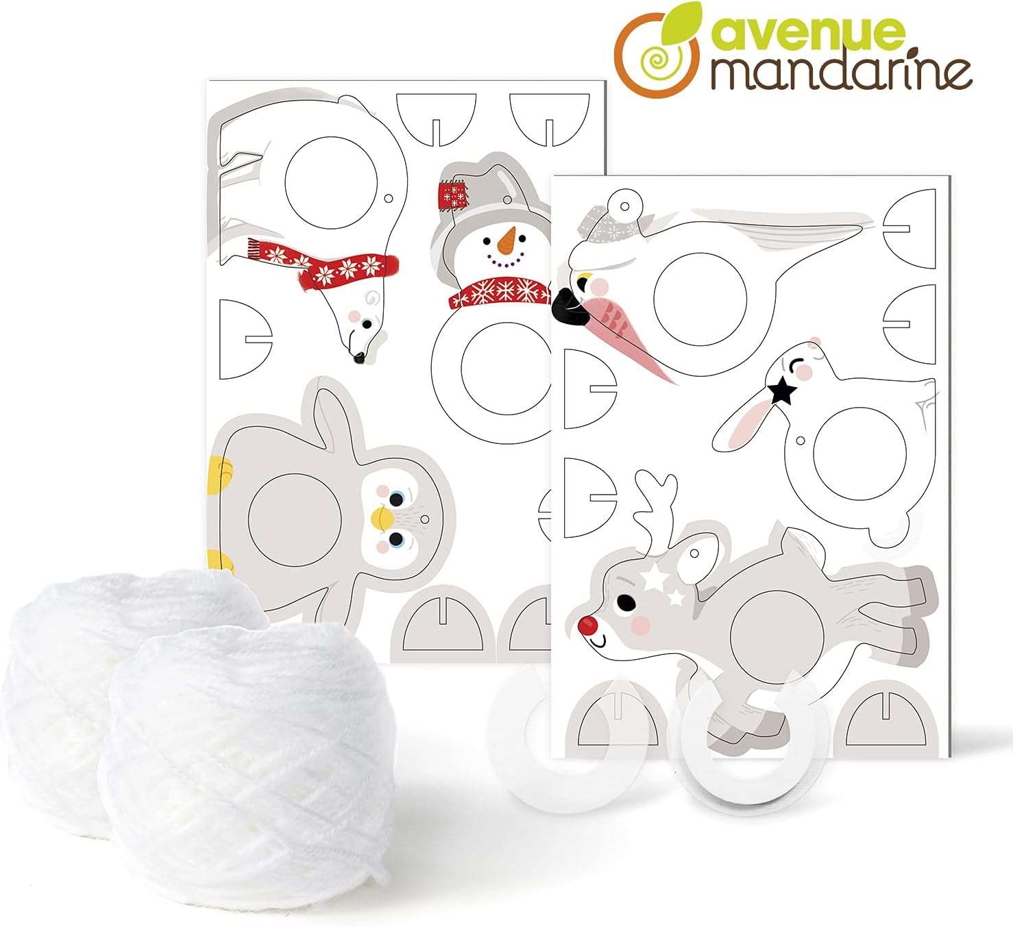 Avenue Mandarine - Ref KC133C - Creative Box - Hanging Christmas Pompoms - Perfect for Making Christmas Tree Decorations, 5 x 3D Cardboard Animals, Suitable for Ages 6-10+